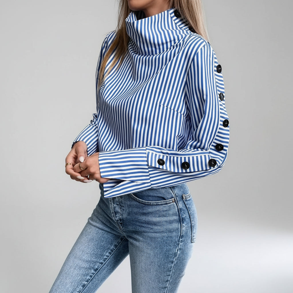 Blusa de Poliéster Listrada com Gola Alta Lenogue Azul / p