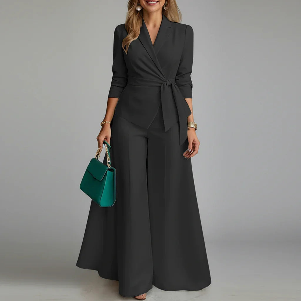 Conjunto Blazer Leve com Cinto e Calça Pantalona Lenogue Preto / p