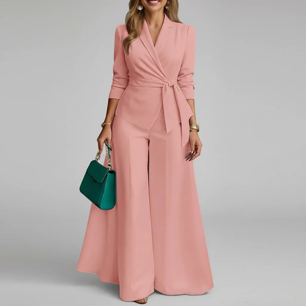 Conjunto Blazer Leve com Cinto e Calça Pantalona Lenogue Rosa / p