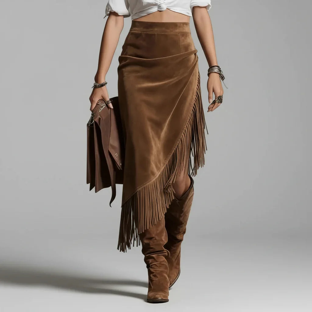 Saia Midi Camurça Sintética Cintura Alta com Franjas Lenogue Marrom / p