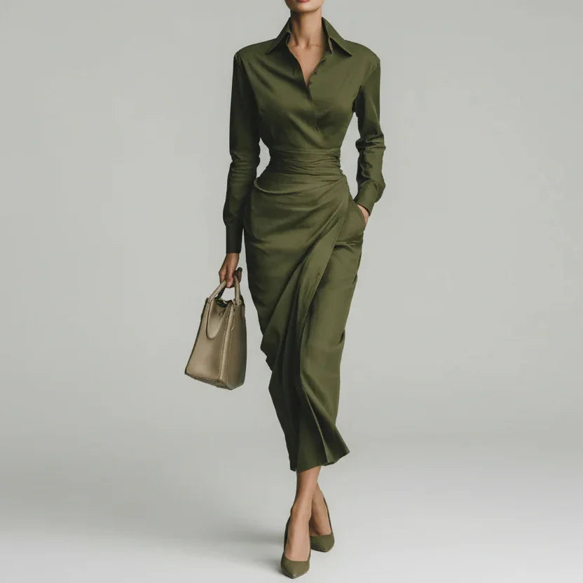 Vestido Longo de Gola Camisa com Pregas e Manga Longa Lenogue Verde / p