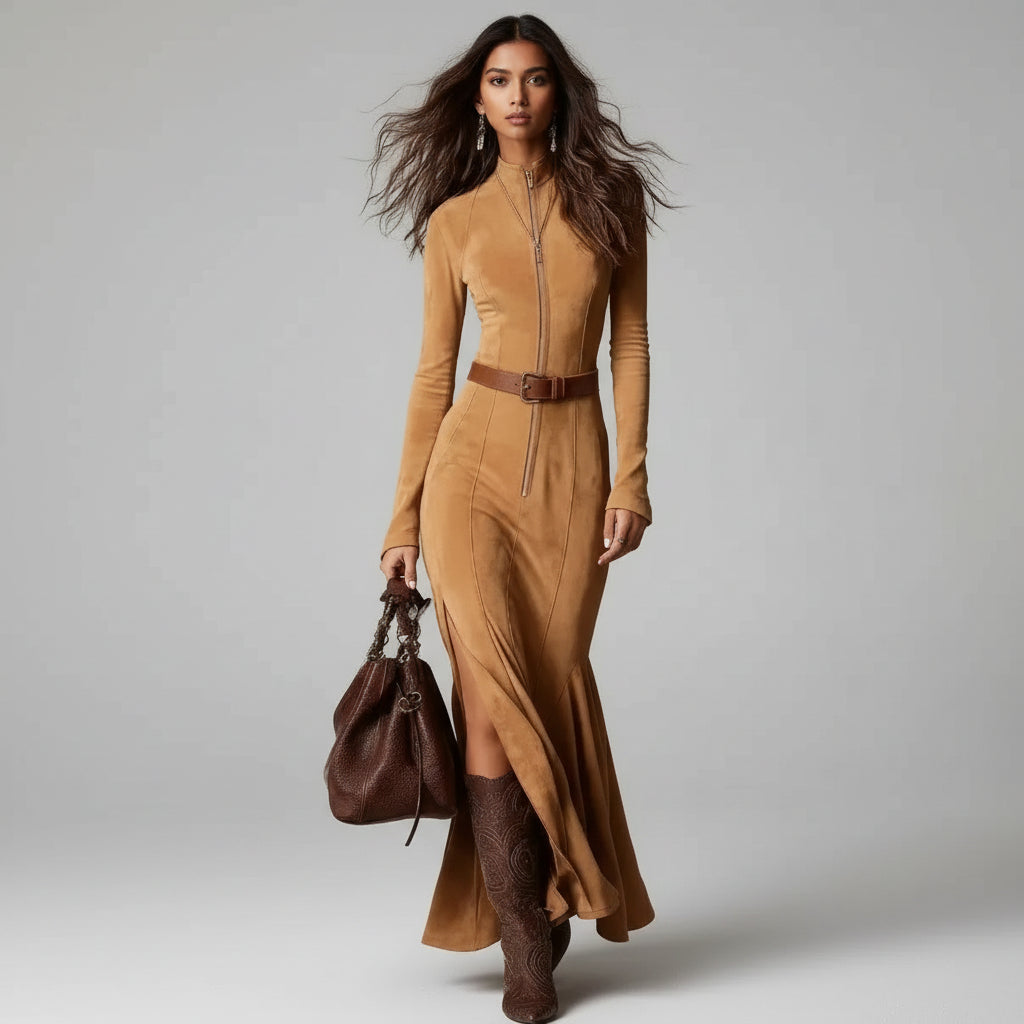 Vestido Longo Gola Redonda Zíper e Fenda Lenogue Bege / Pp