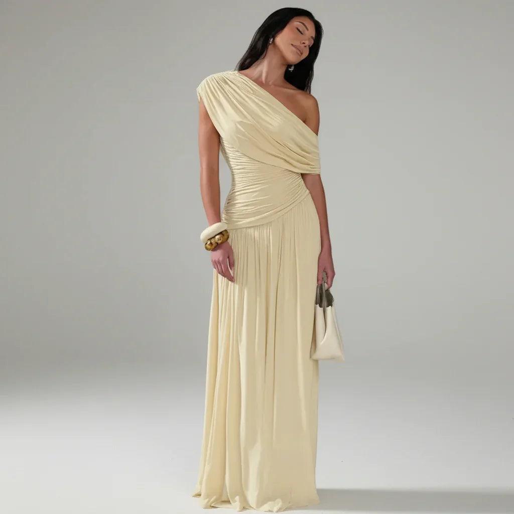 Vestido Longo um Ombro só com Franzido e Pregas Lenogue Bege / Pp