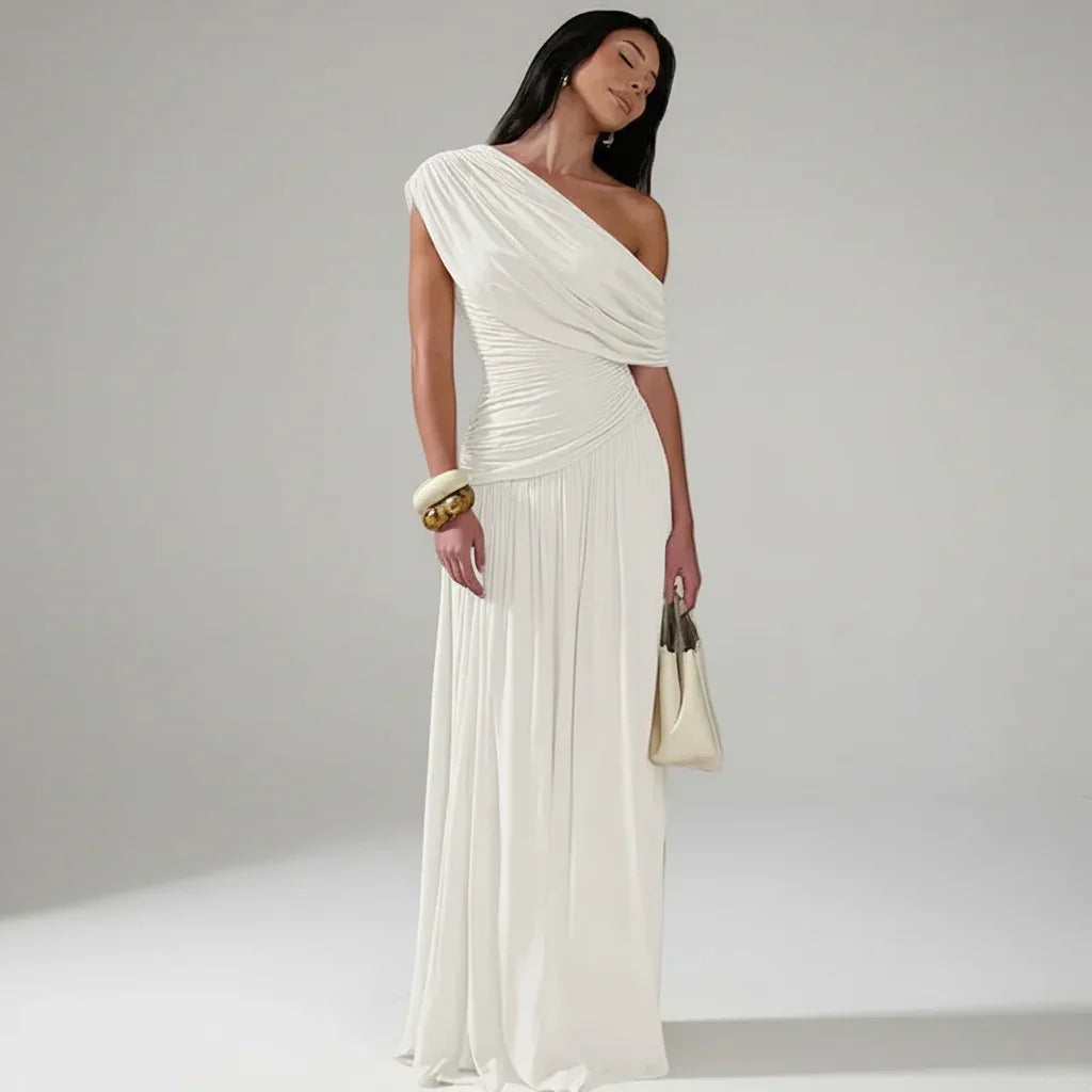 Vestido Longo um Ombro só com Franzido e Pregas Lenogue Branco / Pp