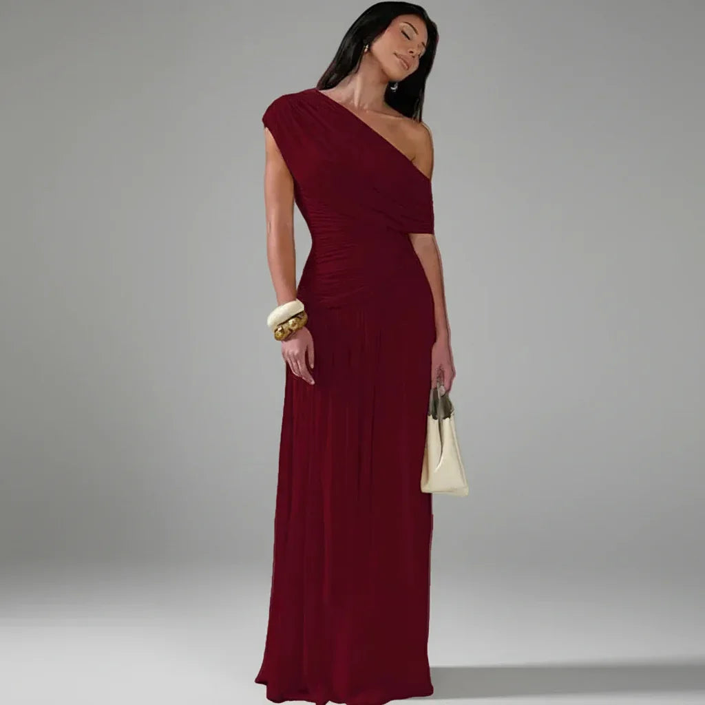 Vestido Longo um Ombro só com Franzido e Pregas Lenogue Vermelho / Pp