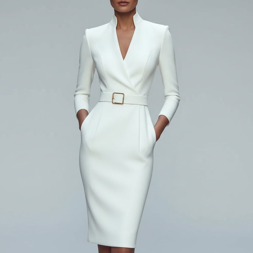 Vestido Midi Tubinho Jersey Gola Alta Cintura Marcada Lenogue Branco / p